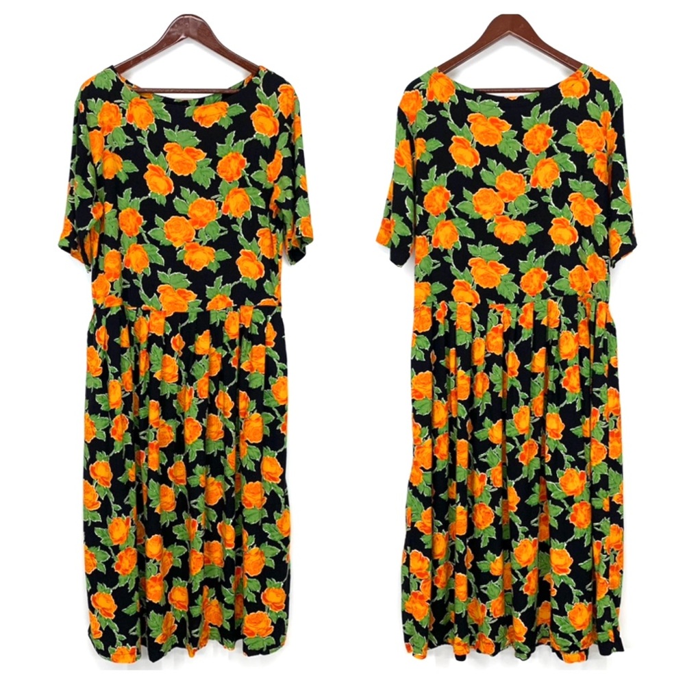 Vintage Passports Of Pier 1 Imports Orange Floral Short Sleeve Tea To Maxi Dress